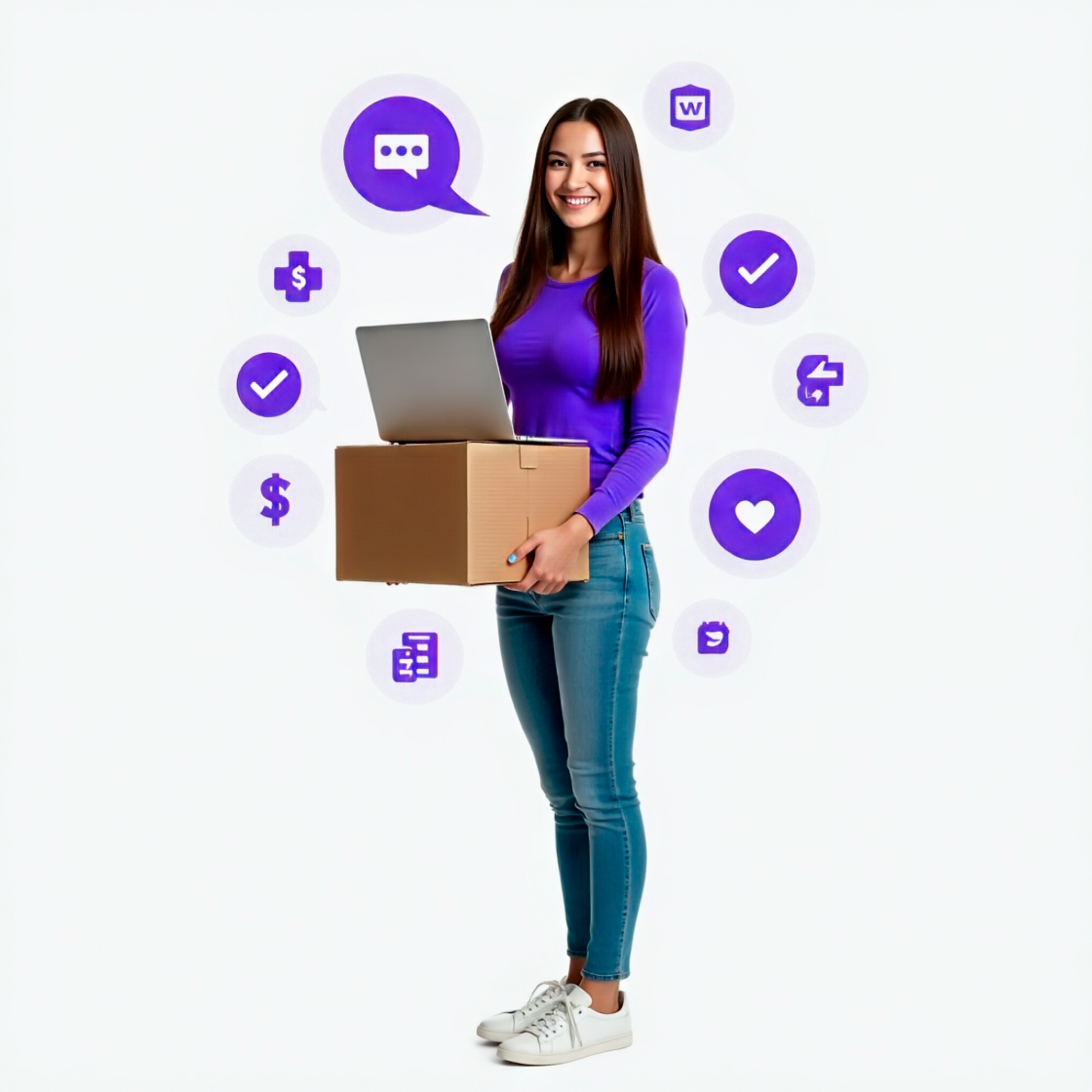 Mulher sorrindo enquanto usa o notebook para gerenciar suas vendas